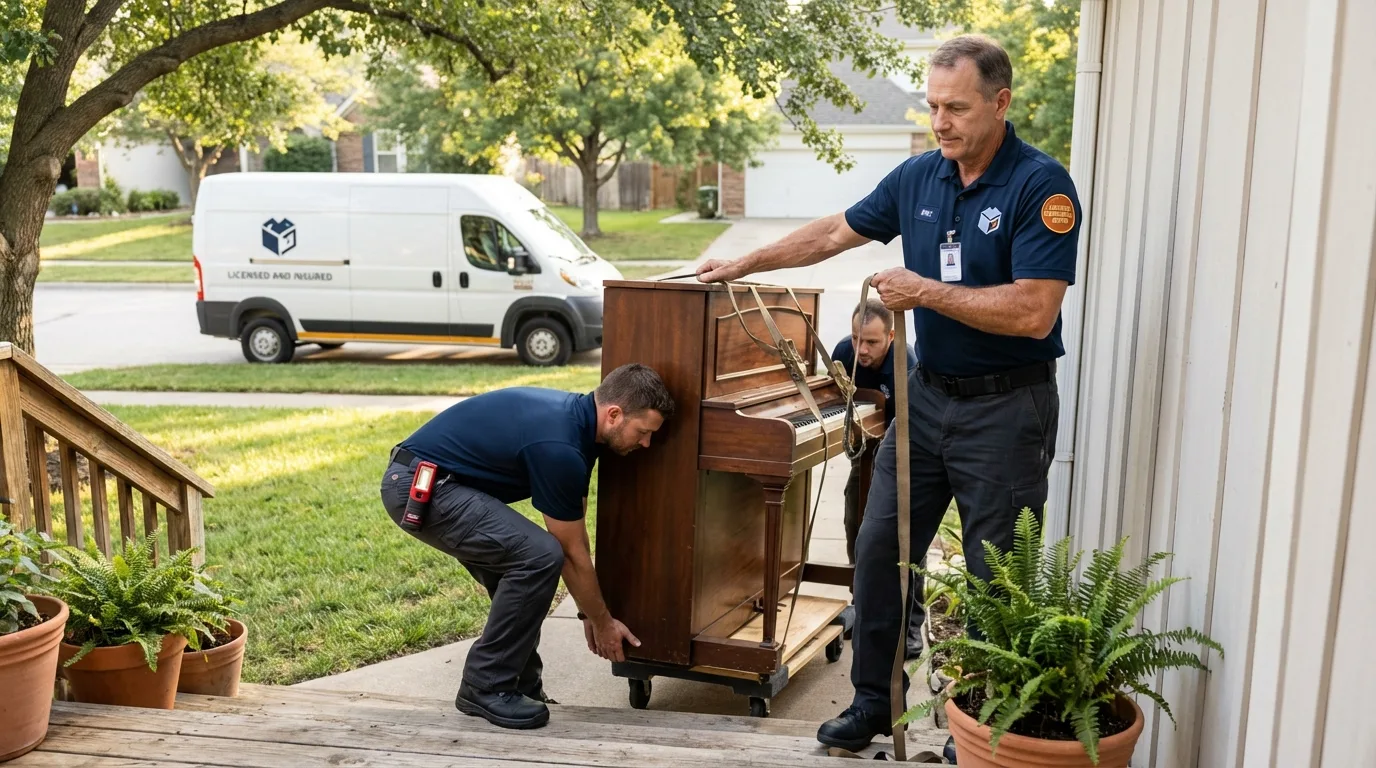 Licensed piano movers securing grand piano in Haskins, OH