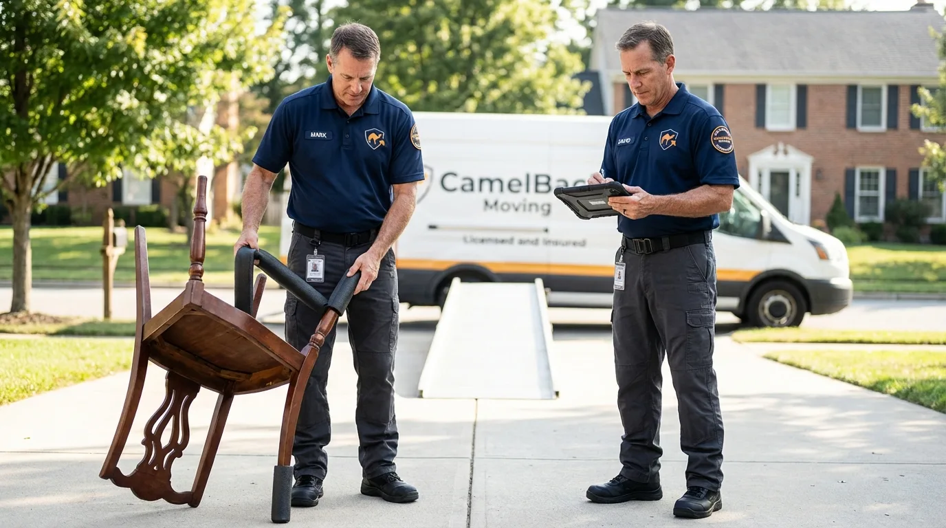Movers inspecting furniture for damage prevention before loading in Haskins, OH